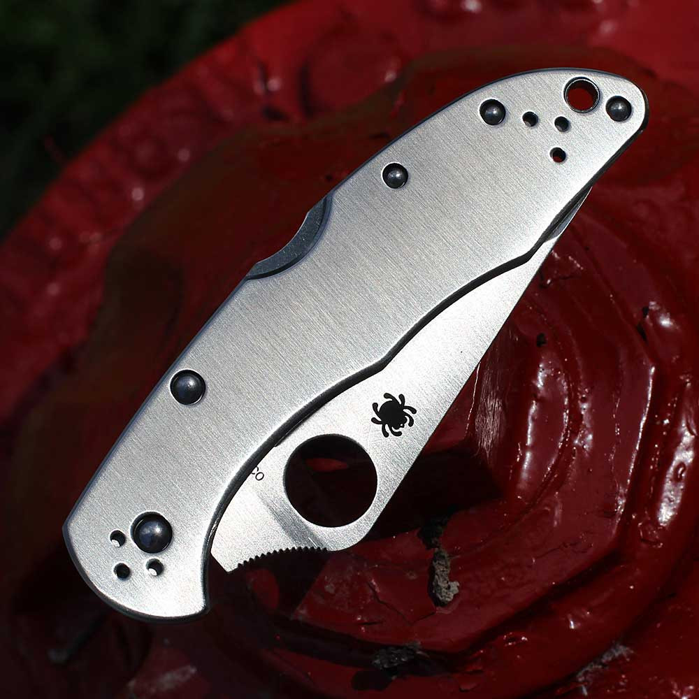 Stainless steel Spyderco Delica 4 showing the partially serrated VG-10 blade.