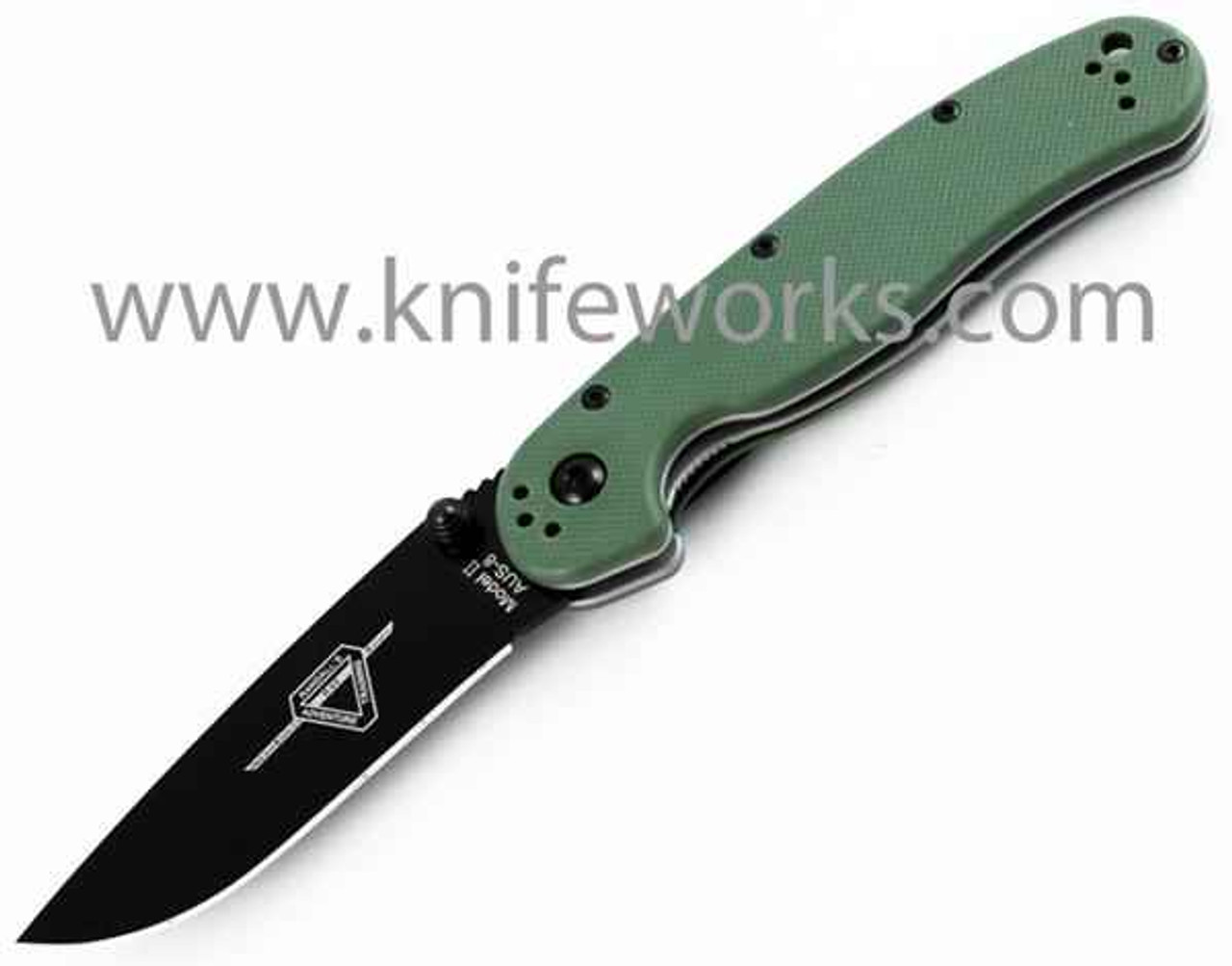 Ontario Rat Model II, 7" O/A Length, Black Blade, OD Green Nylon Handles