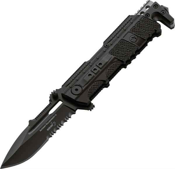 Boker Plus Kalashnikov KAL 12S 01KAL12S profile view showing 3.1 inch 440C black serrated spear point blade and black aluminum rescue handle.
