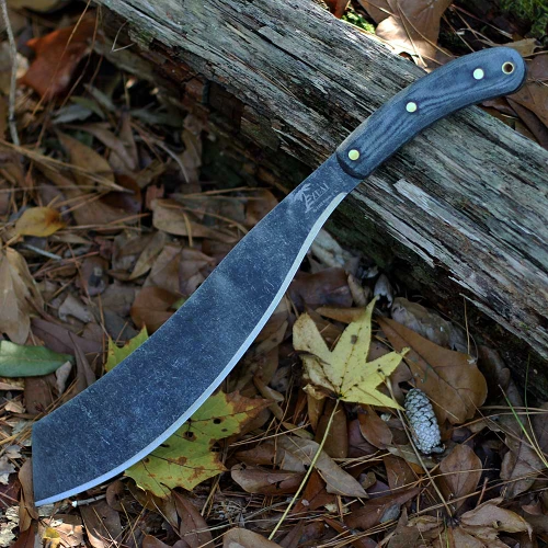 Camping and bushcraft machete style blade resting on a log