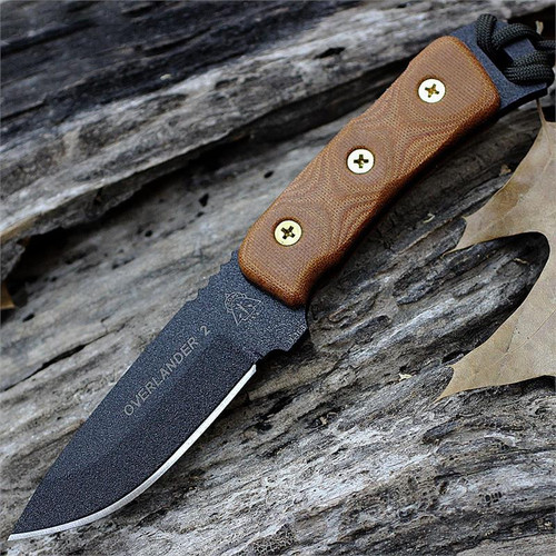 Tops Overlander 2 (TPOV78) 4" 1095 Black Traction Coated Drop Point Plain Blade, Tan Canvas Micarta Handle, Black Kydex Sheath