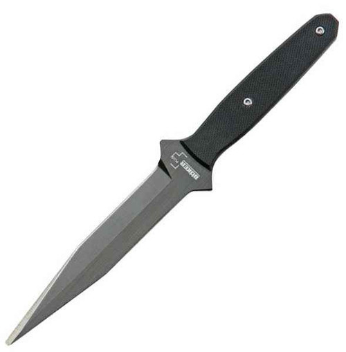 Boker Plus Neck Wedge 02BO275 profile view showing 4.2 inch titanium coated Besh-Wedge dagger blade and textured black G-10 handle.