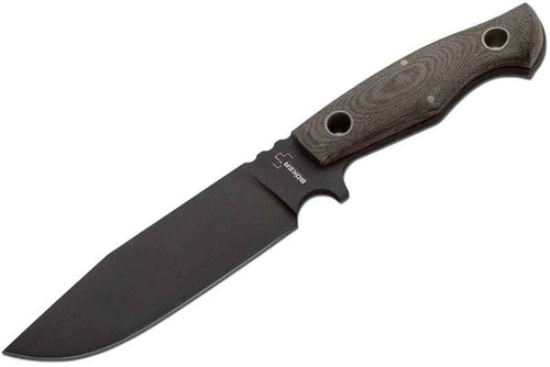 Boker Plus Rold Black 02BO292 fixed blade profile view showing 6.25 inch black powder coated D2 clip point blade and green canvas micarta handle.