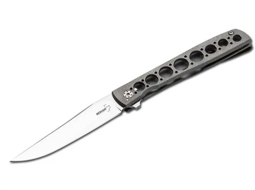 Boker Plus Urban Trapper 01BO730 profile view showing 3.43 inch stonewashed VG-10 blade and drilled-hole titanium handle.