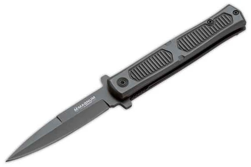 Boker Magnum Night Watch 02183 folding knife profile view showing bead blast spear point blade and gray aluminum handle.