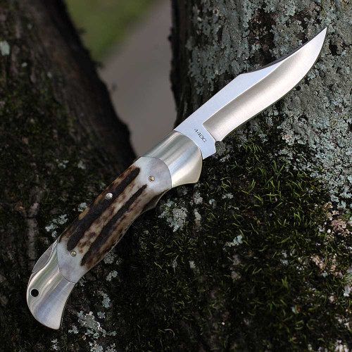 Boker Solingen Optima Stag 113004ST back view highlighting the mirror-polished nickel silver bolsters and lockback spine.