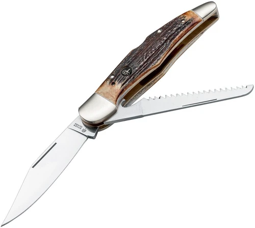 Boker Germany Hunters Knife Duo 114021S profile view showing 440C main blade, secondary saw, and authentic stag handle.