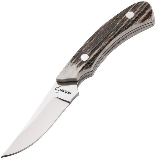 Boker Plus Stag Cross Draw 02BO515 fixed blade knife profile view showing 440C upswept blade and authentic stag handle.