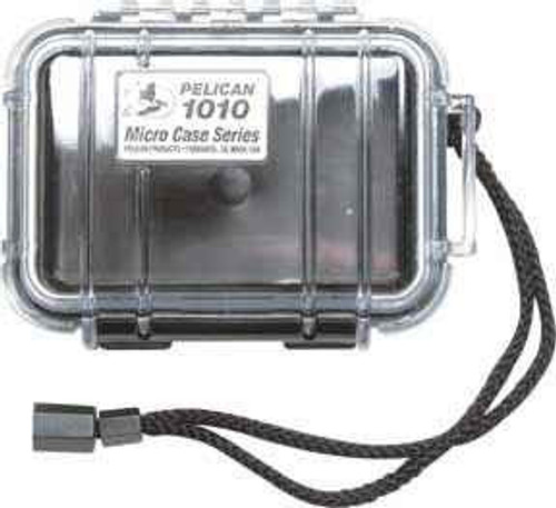 Pelican Small Micro Case. Clear lid, black bottom. Interior measurement 4 7/16" x 2 15/16" x 1 11/16"