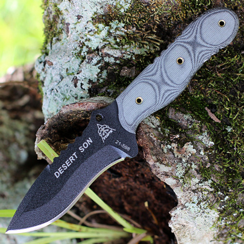 Tops Knives Desert Son (TPDSON01) 3" Black Traction Coated 1095 Plain Drop Point Blade, Black Micarta Handle