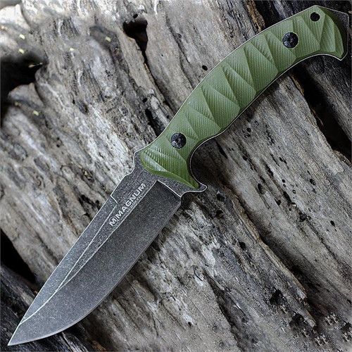 Boker Magnum Persian (02LG115) 4.72" 440A Bead Blasted Drop Point Plain Blade, Green Grooved G-10 Handle, Black Kydex Belt Sheath