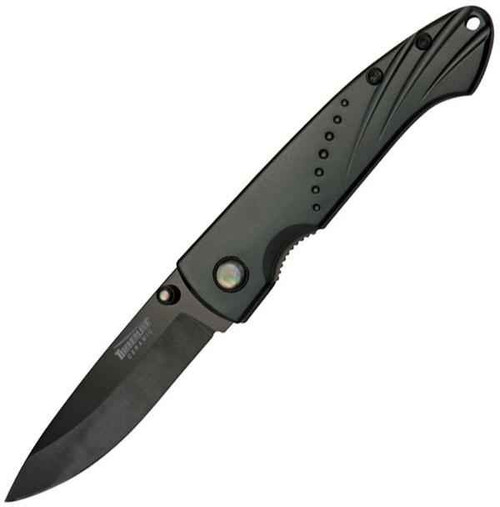 Timberline Linerlock. 3 3/4" Closed, Black Ceramic Blade w/Mother-of-pearl Inlaid Dual Thumb Stud, Black Aluminum Handles
