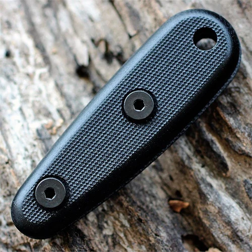 The ESEE Izula Optional Handle (IZULA-HANDLES-B) shown with its black G-10 scales, designed to attach to the Izula with Allen screws on both sides.