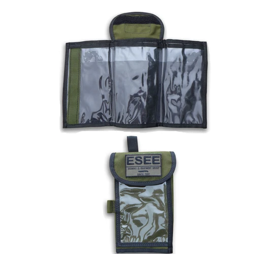 The Izula Gear Map Case (ESEE-MAP-CASE-OD) in OD Green nylon with a clear vinyl interior, rain flaps, exterior pockets, a front ESEE patch, a pen/pencil loop, and a quick disconnect keychain, designed by the Randall's Adventure & Training land navigation team.