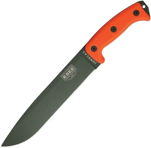 The ESEE Junglas (ESJUNGLASODOR) shown with its 10.38-inch 1095 plain edge drop point blade in an OD Green finish and flat grind, orange G-10 handle, and its black Kydex sheath with MOLLE back. A BR Exclusive colorway.