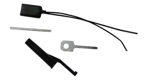 The ESEE E&E Tools (EE-TOOLS), a four-piece set shown with its handcuff shim, Bic pen cap with molded key, zipper pull with hidden key on coated Kevlar cord, and Micro Escape Tool, packaged in a plastic tube.