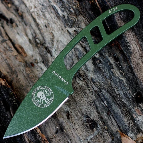 The ESEE Candiru Survival Kit (ESEE-CAN-OD-KIT) shown with its 2.00-inch 1095 plain edge drop point blade in an OD Green finish and flat grind, matching OD Green skeletonized steel handle, black polymer sheath, and the full kit: paracord, cord lock, split rings, ferro rod, whistle, and snap hook.