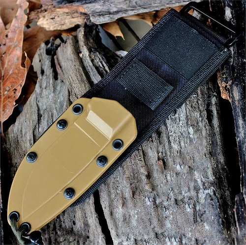 The ESEE-3 Complete Sheath System (ESEE-20SS) shown in Coyote Brown molded plastic with a paracord attachment, matching clip plate, and black MOLLE back for vertical or horizontal carry.