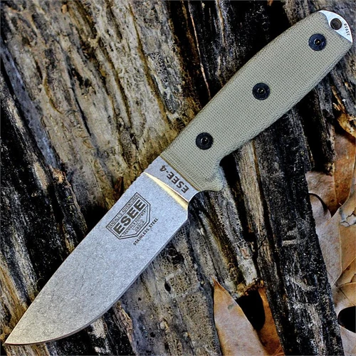 The ESEE-4 (ESEE-4P-MB-SS-B-29) shown with its 4.5-inch 440C stainless steel drop point blade in a stonewash finish, removable canvas Micarta handle with rounded pommel and lanyard hole, and its ambidextrous black molded sheath with MOLLE back.