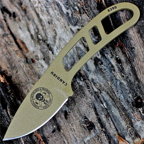 The ESEE Candiru Survival Kit (ESEE-CAN-DE-KIT) shown with its 2.00-inch 1095 plain edge drop point blade in a Dark Earth finish and flat grind, matching Dark Earth skeletonized steel handle, black polymer sheath, and the full kit: paracord, cord lock, split rings, ferro rod, whistle, and snap hook.
