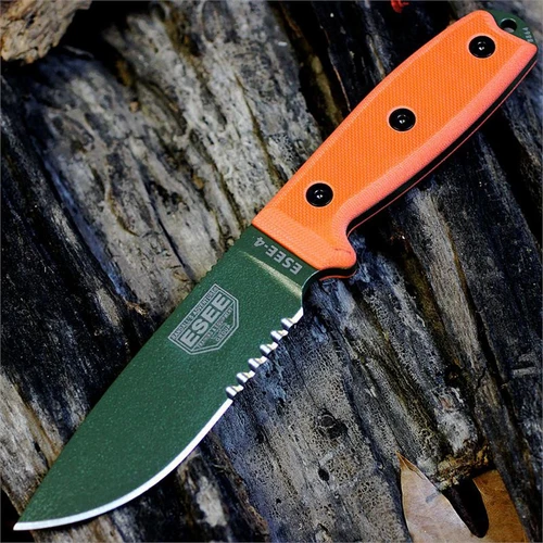 The ESEE-4 (ESEE-4S-MB-OD) shown with its 4.50-inch 1095 part serrated drop point blade in an OD Green finish and tall flat grind, orange G-10 handle scales, and its injection-molded black polymer sheath with MOLLE back mounting.