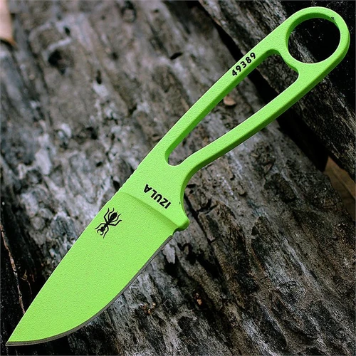 The ESEE Izula Survival Kit (IZULA-VG-KIT) shown with its 2.63-inch 1095 plain edge drop point blade in a Venom Green finish and flat grind, matching Venom Green skeletonized steel handle, black polymer sheath, and the full kit: paracord, cord lock, split rings, ferro rod, whistle, and snap hook.