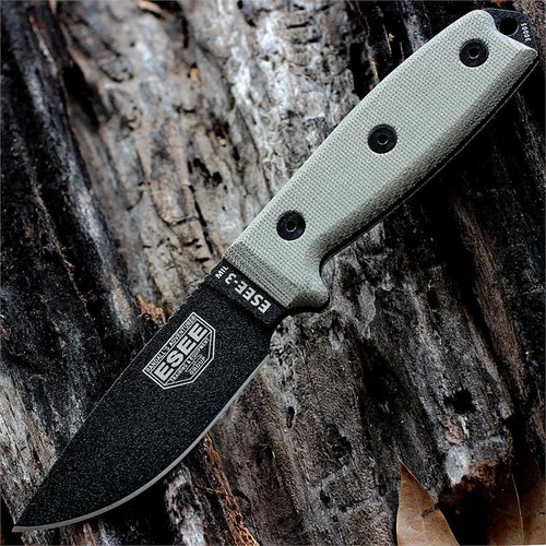 The ESEE-3MIL (ESEE-3MIL-P-B) shown with its 3.88-inch 1095 black plain edge drop point blade and flat grind, tan Micarta handle with integrated glass breaker, and its injection-molded black plastic sheath with black MOLLE back mounting.
