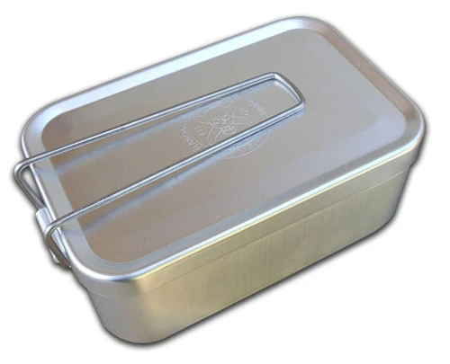 The ESEE Mess Tin (ESEE-KIT-TIN) in gray aluminum, shown with its embossed Randall's Adventure & Training lid logo and ergonomic folding handle. No contents included.