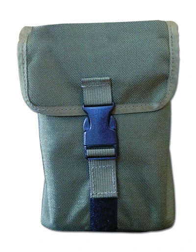 The ESEE Kit Tin Pouch (KIT-TIN-POUCH-OD) in OD Green nylon, shown with its buckle closure, interior storage flaps, and twin MOLLE straps on the rear, sized to accommodate the large mess tin.