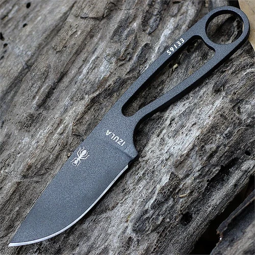 The ESEE Izula (IZULA-TG) shown with its 2.63-inch 1095 plain edge drop point blade in a Tactical Gray finish and flat grind, matching Tactical Gray skeletonized steel handle, and its injection-molded black polymer sheath.