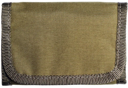 The Izula Gear EDC Wallet/Billfold (EDC-BILLFOLD-DT) in Desert Tan 500 denier Cordura nylon, shown open as a tri-fold with five storage areas for cash, credit cards, and other items.