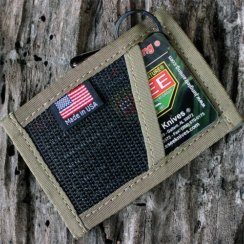 The ESEE Izula Gear Card Holder (ESEE-CARD-HOLDER-DT) in Desert Tan Cordura nylon, shown with its split ring and snap hook. Cards are not included.