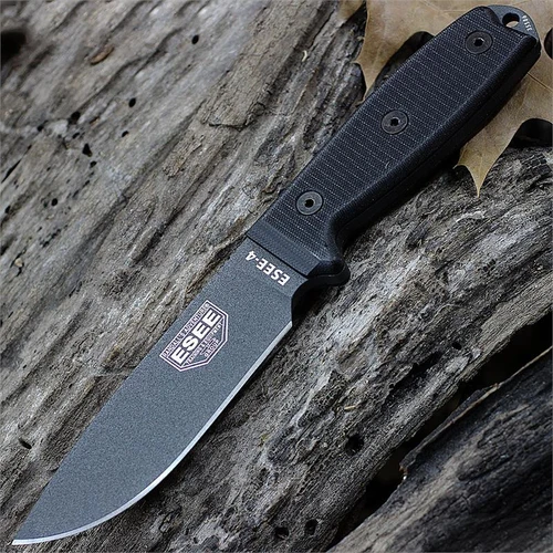 The ESEE-4 (ESEE-4P-TG-B) shown with its 4.50-inch 1095 plain edge drop point blade in a Tactical Gray finish and tall flat grind, black G-10 handle scales, and its injection-molded black polymer sheath.