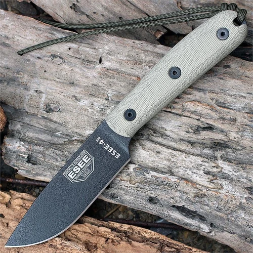 The ESEE-4HM (ESEE-4HM-B) shown with its 4.38-inch 1095 plain edge drop point blade in a black finish and flat grind, tan canvas Micarta handle with a smooth rounded pommel, and its genuine brown leather sheath with belt loop.