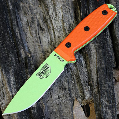 ESEE-4 Fixed Blade Knife (ESEE-4P-VG)-4.5" Venom Green 1095 Drop Point Blade, Orange G-10 Handle