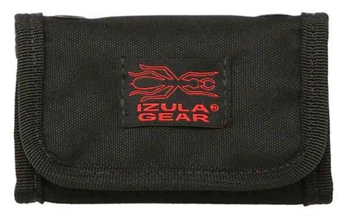 The Izula Gear EDC Wallet/Billfold (EDC-BILLFOLD) in black 500 denier Cordura nylon, shown open as a tri-fold with five storage areas for cash, credit cards, and other items.