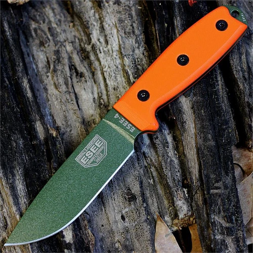 The ESEE-4 (ESEE-4P-OD) shown with its 4.50-inch 1095 plain edge drop point blade in an OD Green finish and tall flat grind, orange G-10 handle scales, and its injection-molded black polymer sheath.