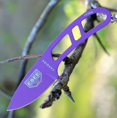 The ESEE Candiru (ESEE-CAN-PURP-E) shown with its 2.00-inch 1095 plain edge drop point blade in a Purple finish and flat grind, matching Purple skeletonized steel handle, and its injection-molded clear white polymer sheath.