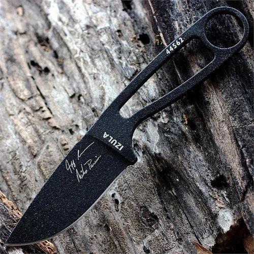 The ESEE Izula Signature Model (ESIBS) shown with its 2.63-inch 1095 plain edge drop point blade in a black finish and flat grind, featuring Jeff Randall and Mike Perrin's laser-etched signatures, black skeletonized steel handle, and its injection-molded black polymer sheath.