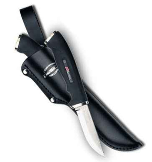 Marttiini MN215012 Big Silver Carbinox, 3.25" Carbinox Steel Plain Blade, Black Rubber Handle, Black Leather Sheath