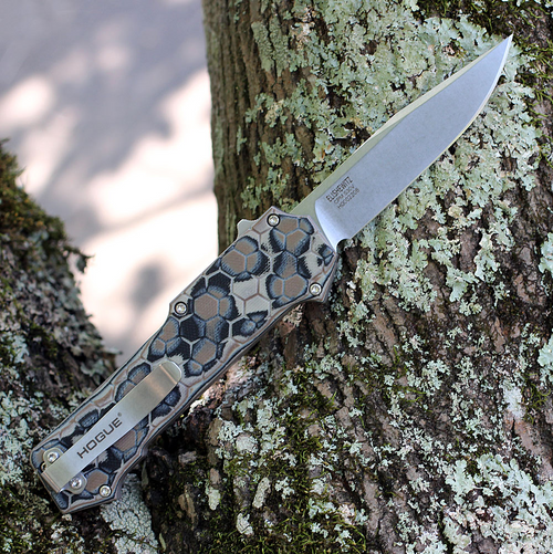 Hogue Compound OTF (HO34037) 3.5" CPM-S30V Stonewashed Clip Point Plain Blade, Dark Earth G-Mascus G10 Handle