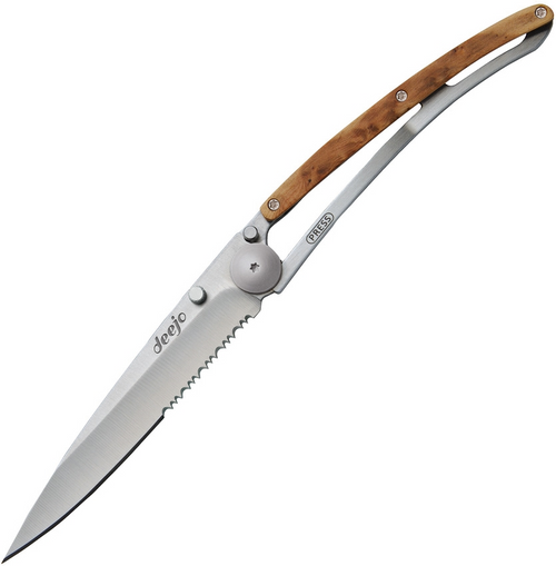 Deejo Wood 37G one Hand Titanium, 3.75" 420 SS Blade, Juniperwood/Titanium Handle