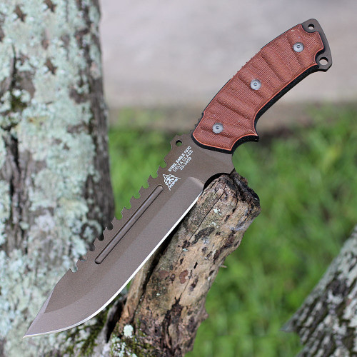 TOPS Steel Eagle Delta Class (TPSE107CDCRMT) 7.5" 1095 Bronze Clip Point Plain Blade w/ Sawback, Brown Micarta Handle, Tan Kydex Belt Sheath