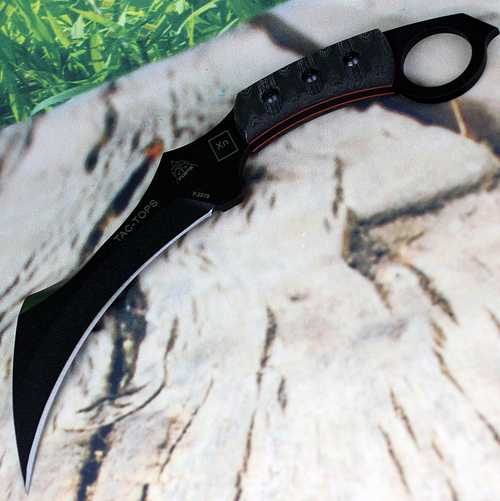 TOPS Tac Tops Rocky Mtn (TPTAC01RMT) 6.125" 1095 Black Hawkbill Plain Blade, Black Micarta Handle, Black Kydex Sheath