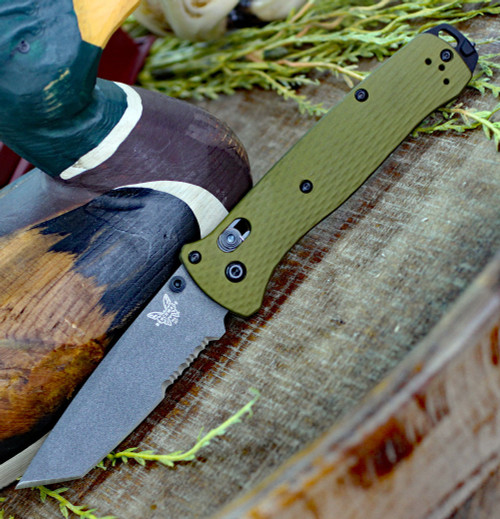 Benchmade Bailout 537SGY-1, 3.38" CPM-M4 Grey Coated Serrated Tanto Blade, Green Aluminum Handle