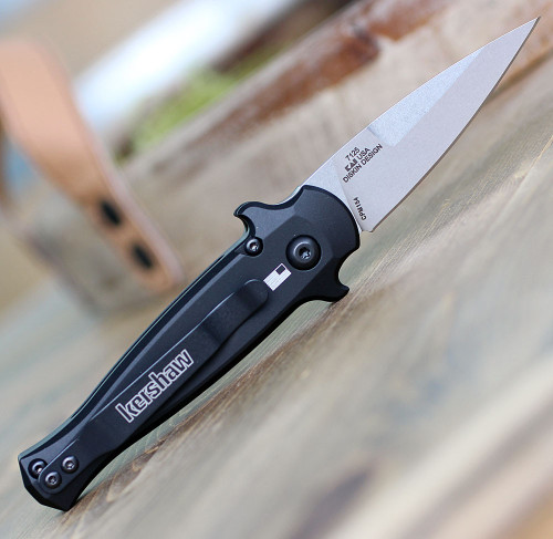 Kershaw Launch 12 Mini Stiletto Automatic Knife (7125)- 2.40" Stonewashed CPM-154 Spear Point Blade, Black Aluminum w/ Carbon Fiber Inlay Handle