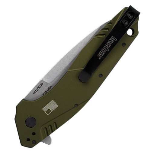 Kershaw Dividend Assisted Opening Blade (1812OLCB)- 3.00" Stonewashed Composite Drop Point Blade, OD Green Aluminum Handle