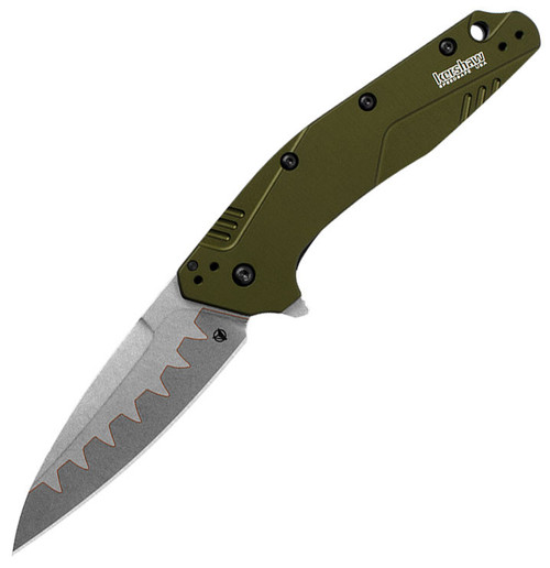 Kershaw Dividend Assisted Opening Blade (1812OLCB)- 3.00" Stonewashed Composite Drop Point Blade, OD Green Aluminum Handle