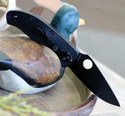 3.39 inch 8Cr13MoV black blade on a Spyderco Tenacious LW tactical folder.