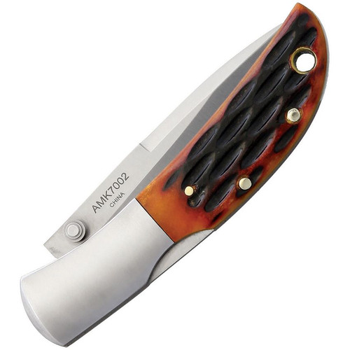 Al Mar Hawk Back Lock Honey Jigged Bone 7002, 2.5" AUS-8, Plain Blade, Honey Jig Bone Handle, Leather Slip Pouch Sheath